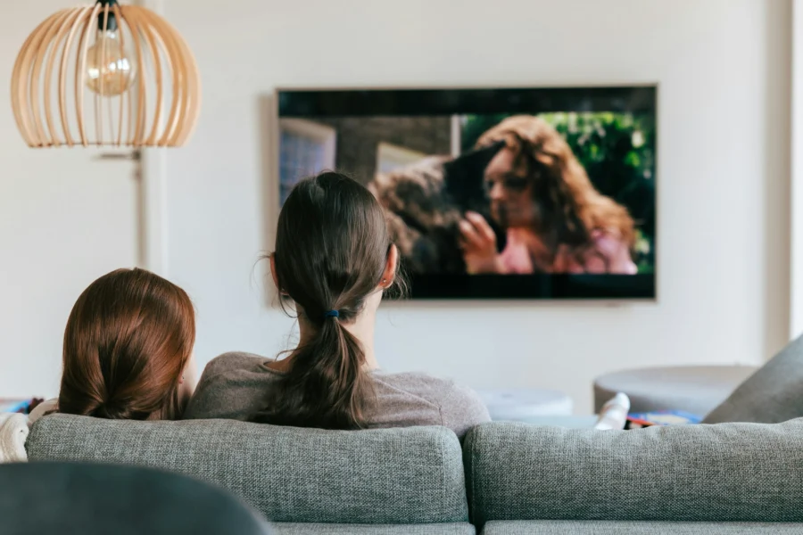 Two people on a sofa watching a large wall-mounted TV