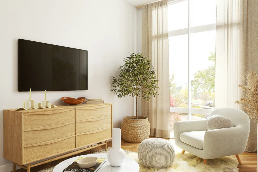 Modern living room with a large smart TV